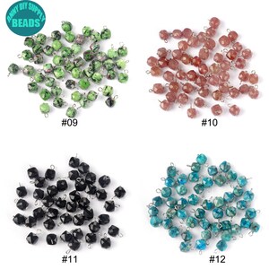 May include: Four groups of gemstone beads with silver jump rings. The beads are green, pink, black, and blue. Each group is labeled with a number, #09, #10, #11, and #12.