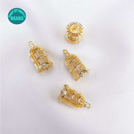 1 2 10 20pcs 14K Gold Plated Bird Cage With CZ inside necklace Pendant Bird Cage Charm