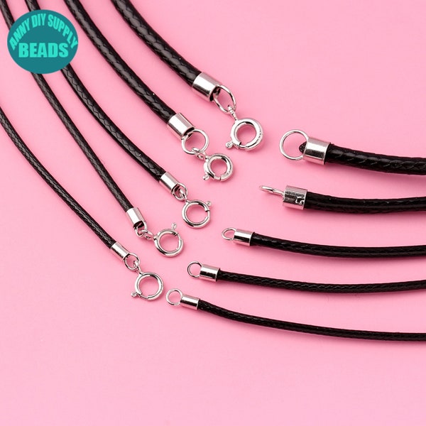 1.0-3.0mm Waxed Cord Necklace Cord with S925 Sterling Silver Clasp,Necklace Chain,Black Waxed Cord Rope Necklace for Charms and pendant