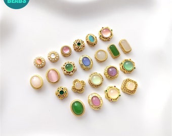 18K Matt Gold Plated brass Beads,Hollow Out beads,Flat Round Beads,Cake Beads,Focal beads,Cat Eye Beads,Fade jade Beads