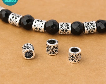 S925 Sterling Silver Tube beads,Sterling Silver Hollow Out Flower Beads,Metal Bead Supply,Silver Beads