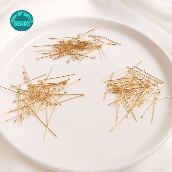 head pins for jewelry making high quality copper metal 14K real gold plated  needle eye pin wholesale connector pins material