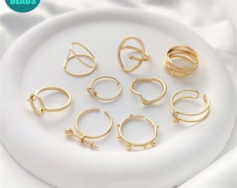 14K Gold Plated Brass Rings,Finger Ring for half Hole beads,Ring Support with Peg,Ring Findings,Jewelry Findings,Adjustable Finger Ring