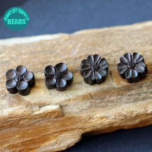 2PCS 1.5X0.5CM Black Sandalwood Flower Charms,Hand Carved Flower Beads,Wood Beads,Jewelry beads supply,Buddha Charms,Spacer Beads