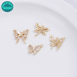 14K Gold plated Brass Zircon Butterfly Charm,Gold Plated Charm,CZ Paved Animal Charm,gold Dragonfly charm,bracelet charms,Necklace Charm