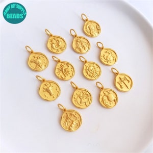 1 szt. 18-karatowe matowe złoto platerowane konstelacje urok, wisiorek zodiak, wisiorek moneta, urok naszyjnika, urok bransoletki, 15 mm