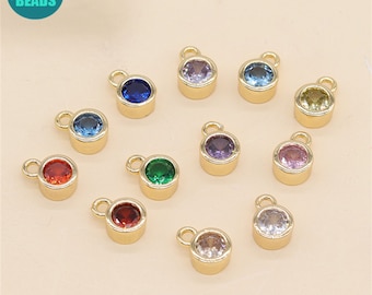14K Gold Plated Birthstone Charm,CZ Birthstone charm,Tiny Zircon Flat Round Charm,5.4mm