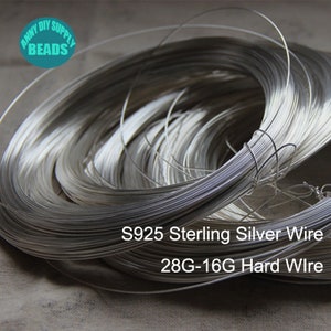 May include: A close-up of a coil of silver wire. The wire is shiny and has a smooth surface. The text "S925 Sterling Silver Wire 28G-16G Hard Wire" is printed on the wire.