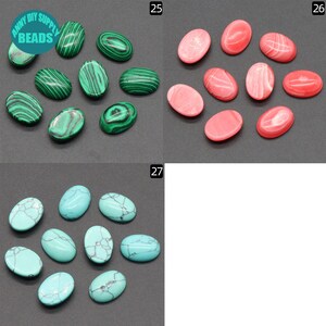 May include: Assortment of oval cabochon gemstones in green, pink, and turquoise colors. The stones are arranged in three rows, with each row labeled with a number. The top row is labeled "25", the middle row is labeled "26", and the bottom row is labeled "27".