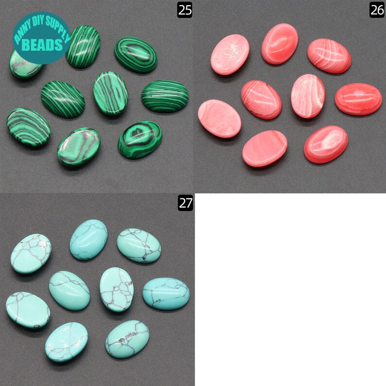 May include: Assortment of oval cabochon gemstones in green, pink, and turquoise colors. The stones are arranged in three rows, with each row labeled with a number. The top row is labeled "25", the middle row is labeled "26", and the bottom row is labeled "27".