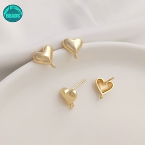 14K Real Gold Plated Brass Earring Stud With S925 Sterling Silver Needle,3D Heart Earring Stud with Loop Ring,Gold Earring Stud