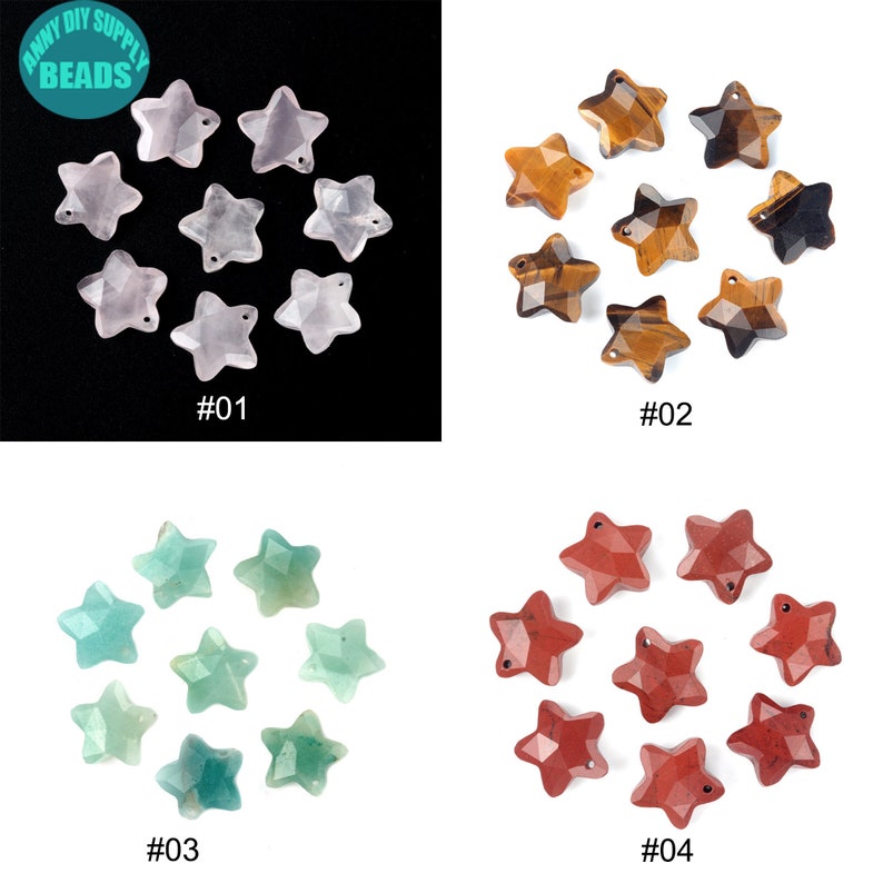 May include: Ten star-shaped gemstone pendants in four different colours: pink, brown, green, and red. The pendants are arranged in four groups of ten, labelled #01, #02, #03, and #04.