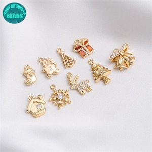 14K Gold überzogene Weihnachtscharme, Geschenkboxanhänger, Hirschanhänger, Kieferbaumanhänger, Schneeflockenanhänger, Glockenanhänger