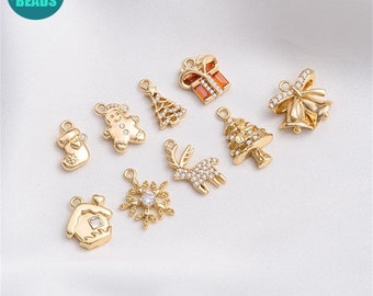 14K Gold Plated Christmas Charm,Gift Box Charm,Deer Charm,pine Tree Charm,Snowflake Charm,Bell Charm