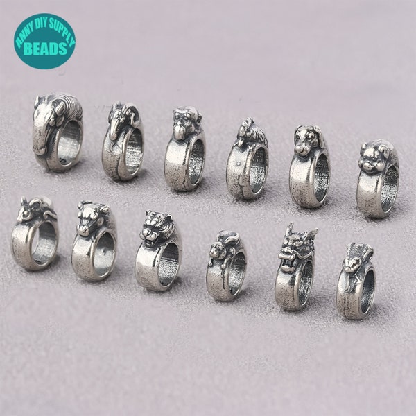 1PC S925 Sterling Silver Chinese zodiac Beads,Chinese New year Beads,Zodiac Beads,Circle Beads,Animal Beads