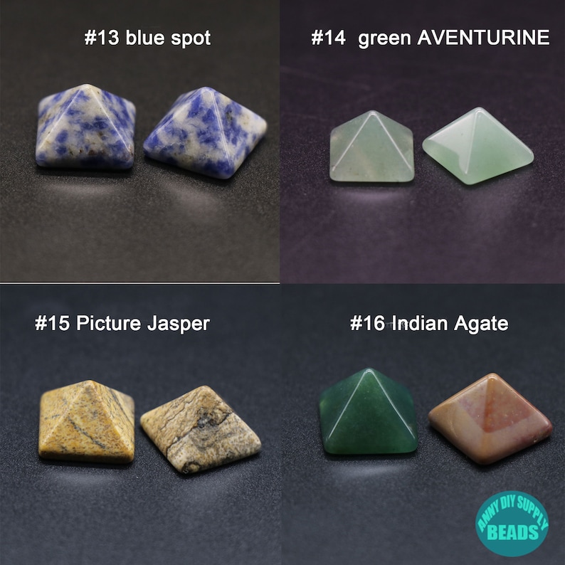 May include: Four pairs of pyramid-shaped gemstone beads. The first pair is blue, the second is green, the third is brown and yellow, and the fourth is green and brown. The beads are labelled with numbers and names, including "#13 blue spot", "#14 green AVENTURINE", "#15 Picture Jasper", and "#16 Indian Agate".