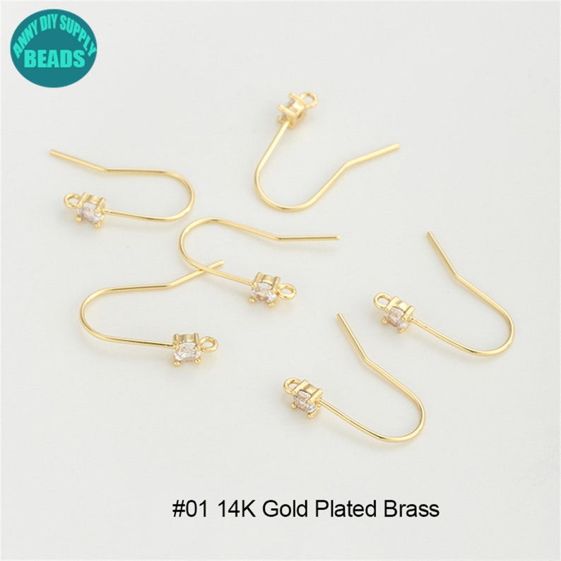 14K Gold Plated Brass Earring Hooks,Gold Plated Ear Hook,French Hooks,Ear wire hooks with CZ,CZ Earring Hook #01 14K Gold Plated