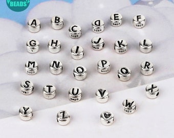 5mm S925 plata de ley 26 cuentas de letras del alfabeto, cuentas de letras del alfabeto, cuentas de pastel de plata de ley, cuentas iniciales