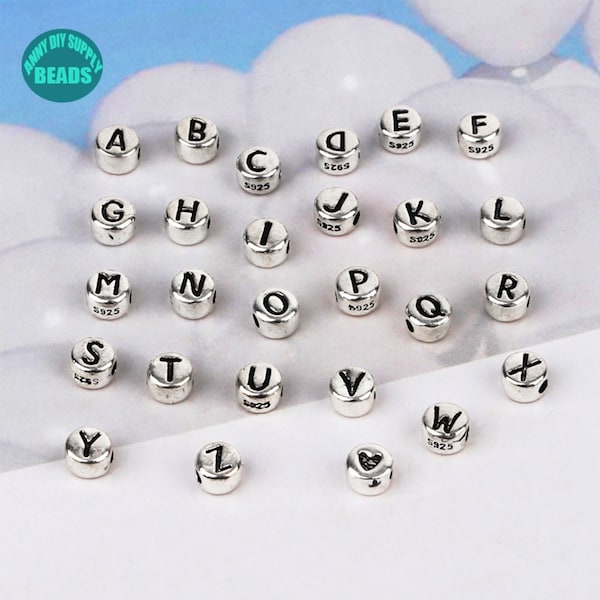 5 mm S925, 26 lettres de l'alphabet en argent sterling, perles de lettres de l'alphabet, perles pour gâteaux en argent sterling, perles de initiales