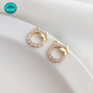 14K Real Gold plated Butterfly Charm,Gold Plated Charm,CZ Charm,12mm Circle Charm