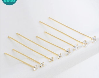 3mm/4mm Zircon Head Pins,0.7mm thickness,Gold Plated brass flat Pins,Earring Making Supply,Gold Plated Head Pins