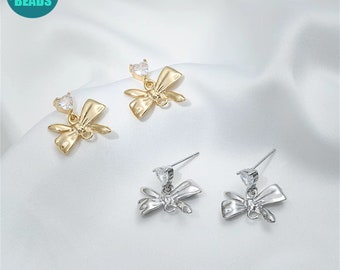14K Gold Plated Bow Earring Studs: Heart CZ Sterling Silver Post