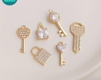Breloques clés plaquées or 14 carats, serrure pavée de zircon et breloque clé, pendentif collier, breloque clé en or, collier clé, breloque collier