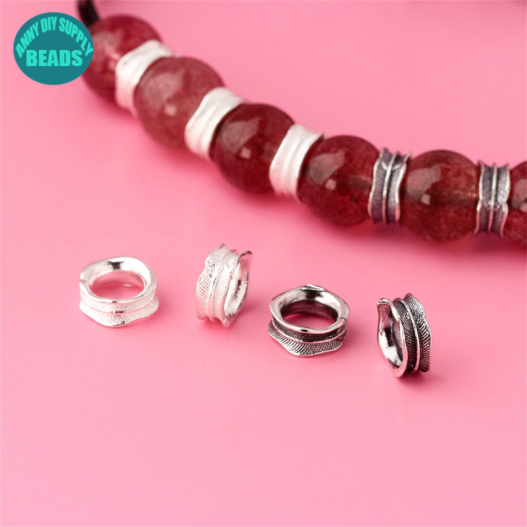 S925 Massive Sterling Silber Spacer Perlen,Silber Perle Spacer,Feder Silber Perlen,Silber Großloch Perlen