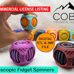 May include: A selection of colourful gyroscopic fidget spinners are shown. The spinners are cube-shaped with rounded edges and ribbed interiors. Colours include blue, orange, purple, red, and yellow. Text includes "COMMERCIAL LICENSE LISTING" and "Gyroscopic Fidget Spinners."