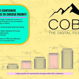 Op de afbeelding: Illustratie van tien containeropties met verschillende maten en ontwerpen. De afbeelding bevat afmetingen in cm en de tekst "TEN (10) CONTAINER OPTIONS TO CHOOSE FROM!!!" en "COBO THE DIGITAL FILE SHOP".