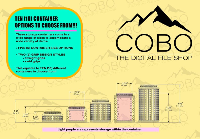 Op de afbeelding: Illustratie van tien containeropties met verschillende maten en ontwerpen. De afbeelding bevat afmetingen in cm en de tekst "TEN (10) CONTAINER OPTIONS TO CHOOSE FROM!!!" en "COBO THE DIGITAL FILE SHOP".