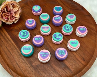 Paket med 100+ Conversation Heart Fidget Clickers, traditionella och spydiga digitala STL-filer för 3D-utskrift, 3D-utskrivbar presentnyckelring
