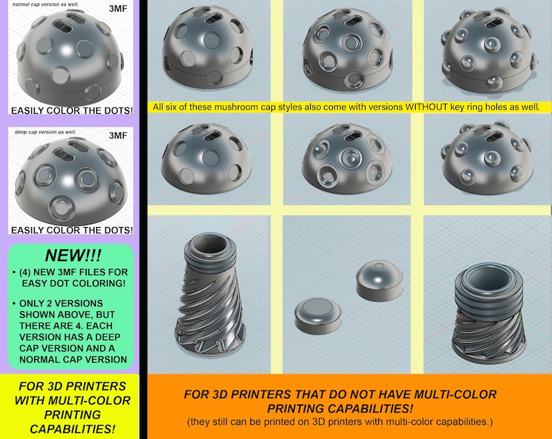 May include: A collection of 3D printed grey mushroom cap designs and threaded bases. The caps feature circular indentations for coloring. Text includes: NEW!!! (4) NEW 3MF FILES FOR EASY DOT COLORING! FOR 3D PRINTERS WITH MULTI-COLOR PRINTING CAPABILITIES!