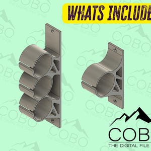 May include: Two 3D printed wall mounts for holding pipes or rods. The larger mount has three slots and the smaller mount has one slot. Both mounts are made of a light gray plastic.