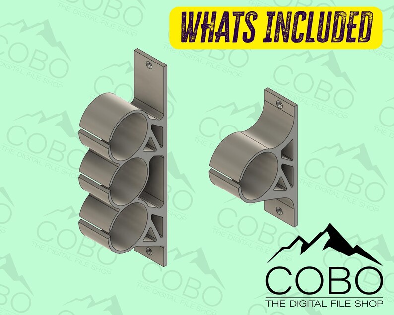 May include: Two 3D printed wall mounts for holding pipes or rods. The larger mount has three slots and the smaller mount has one slot. Both mounts are made of a light gray plastic.
