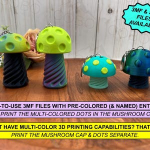 May include: Four 3D-printed mushroom keychains with spiral stems and dotted caps in various colors including green, blue, and purple. Text on image: 3MF & STL FILES AVAILABLE, EASY-TO-USE 3MF FILES WITH PRE-COLORED ENTITIES, 3D PRINT THE MULTI-COLORED DOTS.