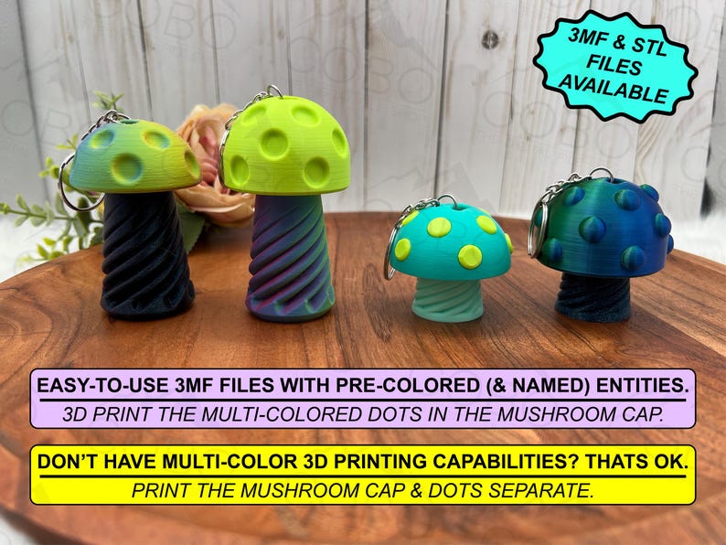 May include: Four 3D-printed mushroom keychains with spiral stems and dotted caps in various colors including green, blue, and purple. Text on image: 3MF & STL FILES AVAILABLE, EASY-TO-USE 3MF FILES WITH PRE-COLORED ENTITIES, 3D PRINT THE MULTI-COLORED DOTS.