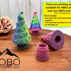 May include: Two 3D printed Christmas tree tops, one with a rainbow gradient and the other a solid purple. The rainbow tree top has the letters XO printed on it. The text "There are printing options available for MMU printers and non-MMU printers! (MMU = Multi Material Unit) This includes: Tree tops with santa hats printed together. Tree tops that will allow for a Santa hat to be threaded on." is printed on a yellow background.