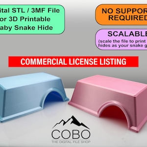May include: Two 3D-printed baby snake hides, one light blue and one pink, with arched entrances. Text on the image reads "Digital STL / 3MF File for 3D Printable Baby Snake Hide" and "COMMERCIAL LICENSE LISTING". The design is scalable.