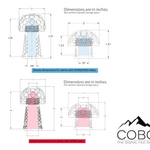 May include: Technical drawing of mushroom-shaped objects with dimensions in inches. Blue sections indicate storage space for standard holes, while pink sections indicate storage space for wide holes. Includes the text COBO THE DIGITAL FILE SHOP.