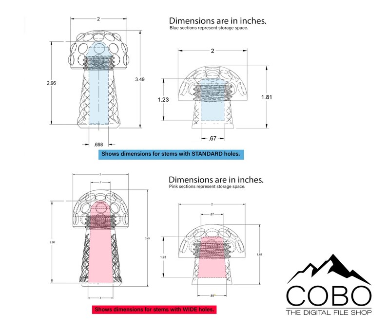 May include: Technical drawing of mushroom-shaped objects with dimensions in inches. Blue sections indicate storage space for standard holes, while pink sections indicate storage space for wide holes. Includes the text COBO THE DIGITAL FILE SHOP.