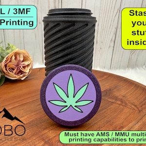 May include: A black 3D-printed container with a spiral design, and a purple lid featuring a green cannabis leaf. The image includes the text "Stash your stuff inside!" and "STL / 3MF 3D Printing".