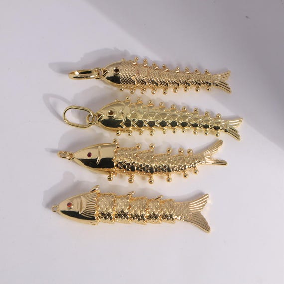 5個、可動式3D関節式魚チャーム - 真鍮製魚ペンダント - ボヘミアン