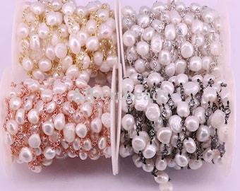Freshwater Pearl and White Zirconia Rosary Style Beaded Chain - Pearl Beads Wire Wrapped Silver/Rose Gold/Black/Gold Chain, 3-5M