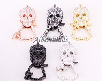 AZYZ317-5706 Micro Pave CZ Skull Lobster Clasp, Large Skull Pave Clasp, Cubic Zirconia Pave Clasp/Connec tor/Link, Findings 5PCS