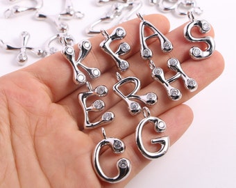 10-26pcs, White Gold Alphabet Charms, CZ Paved Letter, Zircon English Letter Pendant For Necklace Making, Initial Charms, You Choose Letter