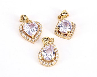 10PCS, Shiny Gold Plated Zircon Heart Pendant, Zircon Heart Charm, Drop Charms, Necklace Charms, Zircon Pave Square Charms