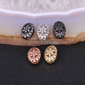 A183-9370 Hollow Oval Copper Micro Pave Cubic Zirconia Beads, Flower Pattern CZ Spacer Connector Bead s Findings 10PCS