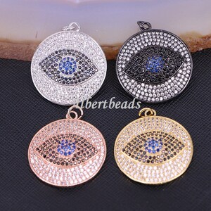 A175-9521 Fashion Eye Diamond Crystal Round Pendant, Turkish Style CZ Micro Pave Jewelry Pendant 5PCS