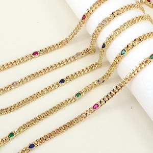 3 Meters, Drop Shaped Cubic Zirconia Gold Chain, Bulk Colorful CZ Chains, Zircon Chain Supplies, Bulk Chain for Choker Necklace, Bracelet.